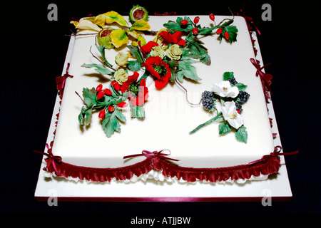 Eine schön gestaltete Hand und individuell eingerichtete Geeiste Frucht-Kuchen in einem Studio mit Flash-Design von Pam Hannon Stockfoto