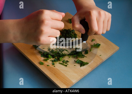 Hacken von Blattpetersilie Mezzaluna mit Holzbrett Stockfoto