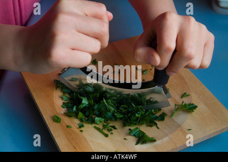 Hacken von Blattpetersilie Mezzaluna mit Holzbrett Stockfoto