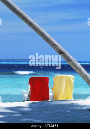 Liegestühle und Handtücher am Strand im Schatten der Palme Stockfoto