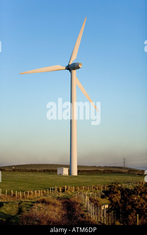 Einzelne Windkraftanlage auf einem Hügel gegen einen späten Nachmittag Blauer Himmel mit Schafen, die auf einem Hügel grasen Stockfoto