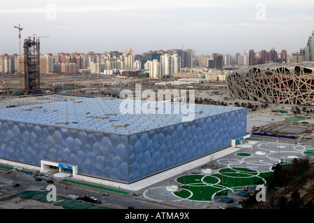 Nationales Schwimmzentrum und Nationalstadion für die Olympischen Spiele 2008 in Peking.  29. Februar 2008 Stockfoto