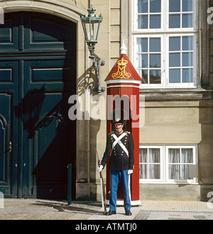 Königliche Leibgarde am Wachhäuschen, Amalienborg Palast, Kopenhagen, Dänemark Stockfoto