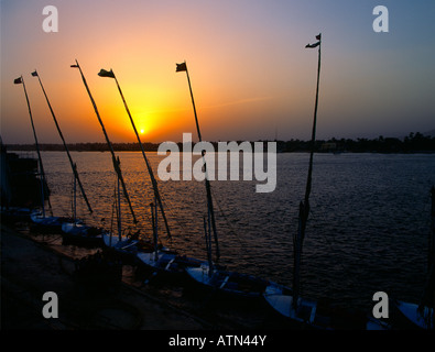 Feluken vor Anker am Nil Luxor Ägypten Stockfoto