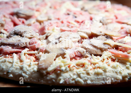 Nahaufnahme einer gefrorenen Pizza mit Käsepilz und Schinken, die im Hhoven gekocht werden können Stockfoto