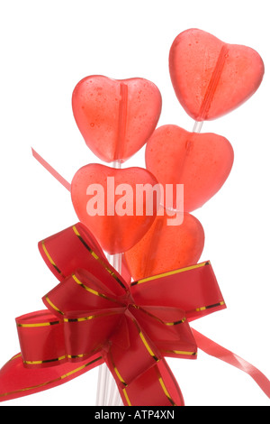 Valentine herzförmige Lutscher Strauß mit Schleife Stockfoto