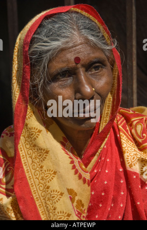 Porträt einer älteren indischen Frau trägt einen hellen roten Sari. Stockfoto