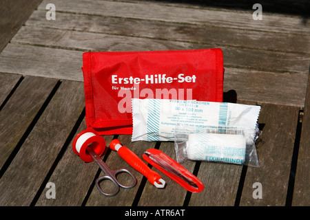 Erste-Hilfe-Kasten für Hunde Stockfoto
