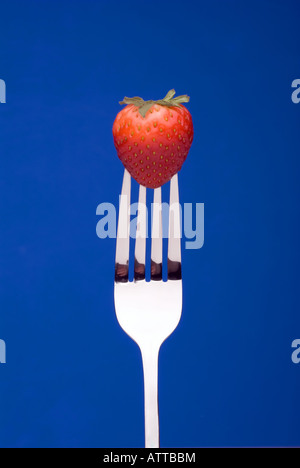 Eine frische rote Erdbeere auf einer Gabel gegen einen grafischen blauen Hintergrund Stockfoto