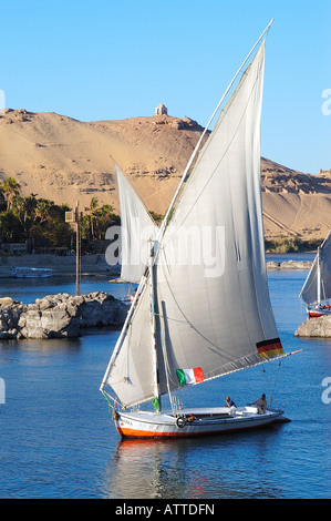 Feluccas, traditionellen Holz- segeln Boote auf dem Nil in Assuan, Ägypten mit Aga Khan Mausoleum im Hintergrund Stockfoto