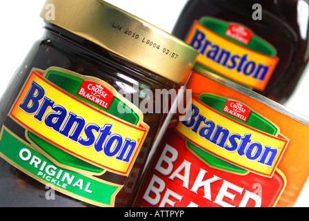 Allgemeines Bild zeigt die Marke Branston Pickle einfach Gießen original und Bohnen Stockfoto