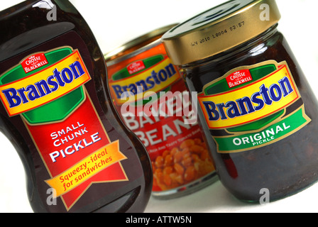 Allgemeines Bild zeigt die Marke Branston Pickle einfach Gießen original und Bohnen Stockfoto