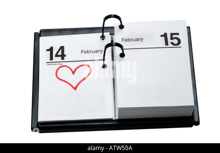 Tischkalender mit Valentines Tag markiert mit einem roten Herzen Stockfoto