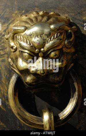 Lion Symbol behandeln des Topfes verbotenen Stadt Peking, China. 3. März 2008 Stockfoto