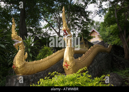 Schritte zum Wat Tham Phu Si Höhle Schrein, auf Mount Phu Si mit Naga dekorative Funktion auf Seite Schiene Bannister. Luang Prabang. Laos. Stockfoto