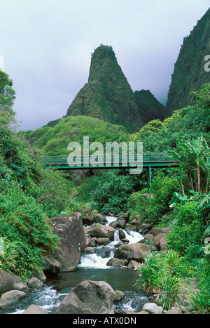 IAO Needle und Brücke über die Iao Stream Iao Valley Maui Hawaii Stockfoto