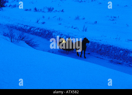 Ein paar Fahrt auf einer verschneiten Straße in ein Pferd Schlitten Crested Butte Colorado Stockfoto