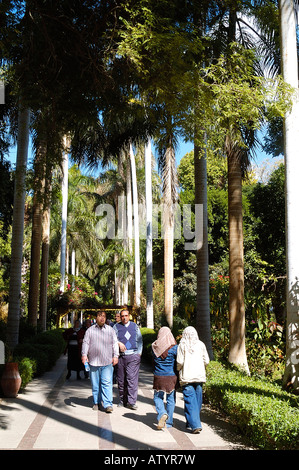 Die Menschen in den üppigen botanischen Gärten flanieren, mit Pflanzen aus allen Teilen der Welt auf die Kitchener-insel (El Nabatat Insel) Assuan, Ägypten bereit Stockfoto