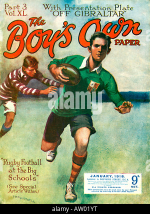 Jungs besitzen Rugby 1918-Cover der Jungs-Zeitschrift mit einer Szene aus einem Spiel von Schul-Rugby Stockfoto