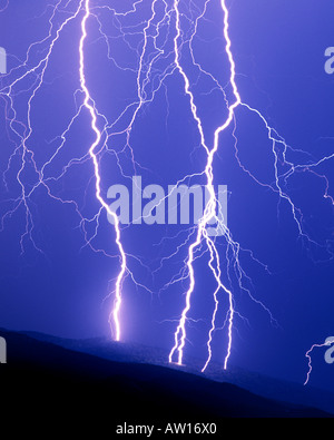 Enge Blitze markanten während Monsun Sommergewitter auf die Rincon Mountains in Tucson, Arizona, Vereinigte Staaten von Amerika. Stockfoto
