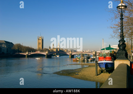 Themse und Houses of Parliament gesehen von Albert Embankment London Vereinigtes Königreich Stockfoto