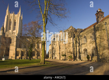 die St. James Kathedrale und Häuser gebaut, in der alten Abtei-Wand in Bury St Edmunds, Suffolk, UK Stockfoto