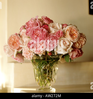 Glasvase mit frisch geschnittenen Rosen in verschiedenen Rosatönen Stockfoto