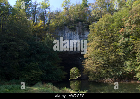 Große natürliche Brücke (Veliki Narodni am meisten) im Rakov Skocjan Tal, Slowenien, im Spätsommer mit den Fluss-Rak. Stockfoto