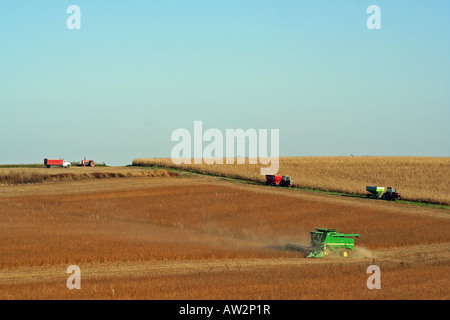 John Deere kombinieren Ernte Sojabohnen mit Traktoren und Getreide Wagen in Iowa. Stockfoto