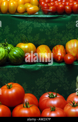 ein Stall Stand auf einem Bauern Französisch Land Markt Essen Fayre dispaying ein Viriety Sortiment Wahl anders geformte Tomaten Stockfoto