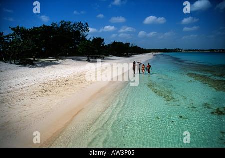 Zwei Paare, die zu Fuß am tropischen Strand Stockfoto