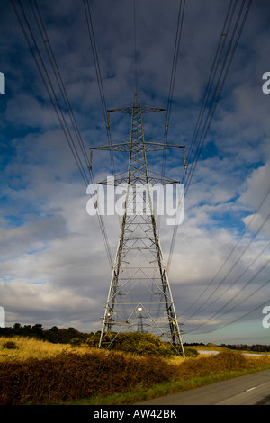 Strommasten mit Strom aus der Sizewell B Kernkraftwerk an der Küste von Suffolk an der Ostküste von Großbritannien Stockfoto