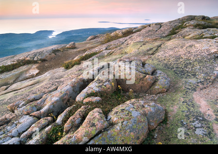 Sunrise-Blick von oben auf Cadillac Mtn der höchste Berg an der Ostküste der USA Acadia Nationalpark Maine USA Stockfoto