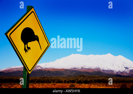 Kiwi-Verkehrsschild mit Mount Ngauruhoe im Hintergrund im Tongariro National park Stockfoto