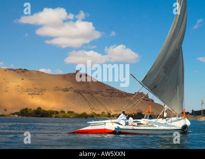 Felucca gleitet entlang hinter Kitcheners Insel, Assuan, Ägypten mit Gräber der Adligen in den Klippen am Westufer des Nils Stockfoto