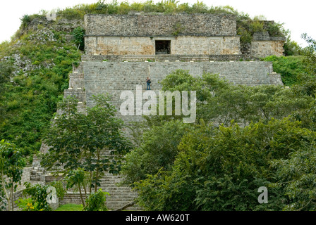 Einsame kleine Mann Stufen der großen Pyramide umgeben von Dschungel Bäume Uxmal Maya Ruinen Halbinsel Yucatan Mexiko 2007 NR Stockfoto