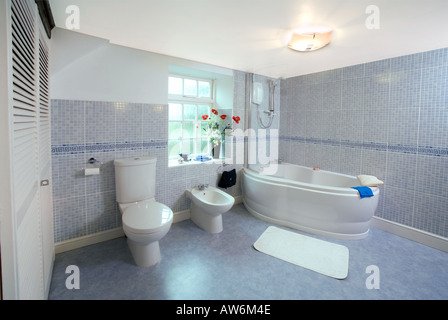 UK MODERN GEFLIESTES BADEZIMMER MIT BADEWANNE, BIDET UND WC Stockfoto