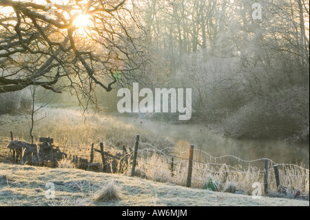 Frost in der Morgendämmerung auf dem Fluß Brathay in der Nähe von Ambleside Seenplatte UK Stockfoto