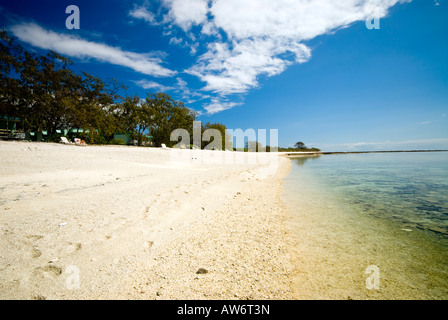 LADY ELLIOT ISLAND, Australien – Ein ruhiger Strand erstreckt sich entlang der Lagune von Lady Elliot Island, einem Öko-Resort an der Südspitze des australischen Great Barrier Reef. Die Insel, eine Koralleninsel, die für ihre unberührten Gewässer und ihre üppige Unterwasserwelt bekannt ist, ist Teil des Great Barrier Reef Marine Park in Queensland. Das Lady Elliot Island Eco Resort, das in der Ferne sichtbar ist, konzentriert sich auf Nachhaltigkeit und Umweltschutz. Stockfoto