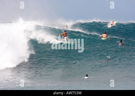 SURFEN DIE MEISTERSCHAFT "PIPELINE" IN WAIMEA BEACH AM NORDUFER, INSEL OAHU, HAWAII Stockfoto