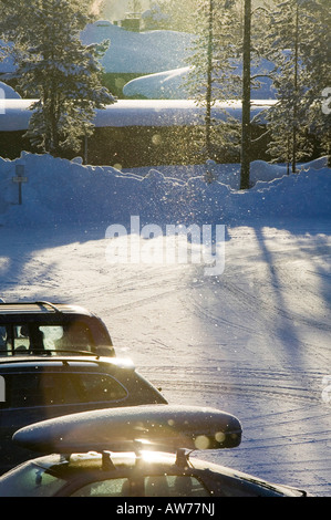 Eiskristalle in der Luft in Saariselkä im Norden Finnlands Stockfoto