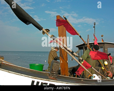Fischer auf den Strand von Heringsdorf machen Hooker Angelboot/Fischerboot bereit für eine Angeltour Insel Usedom Deutschland Stockfoto