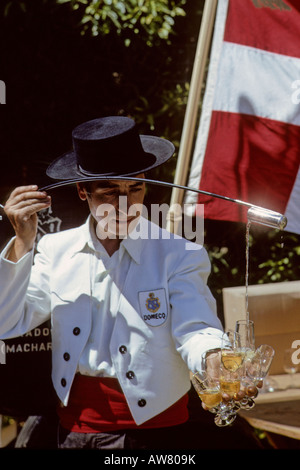 Spanien. Jerez De La Frontera.  Eine professionelle dienen "Fino", genannt ein trockener Sherry in der traditionellen Art und Weise "la Venencia". Stockfoto