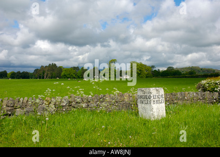 Alten Meilenstein in der Nähe von Baden-Baden, Furness, Cumbria, UK, Kilometerstand und zu zeigen Hawkshead Kendal Stockfoto