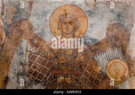 Ein Fresko des Taxiarch Erzengel Michael in die Kirche von Odigitria, Tiefe Mani nahe Stawri südlichen Peloponnes, Griechenland Stockfoto