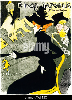 Divan Japonais 1893 Jugendstil-Poster von Henri de Toulouse Lautrec, Yvette Guilbert auf der Bühne, Edouard Dujardin und Jane Avril Watching Stockfoto