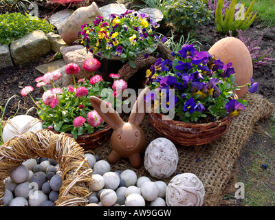 Stiefmütterchen gehörnten (Viola cornuta) und gemeinsame Gänseblümchen (Bellis perennis) mit Osterhase Stockfoto