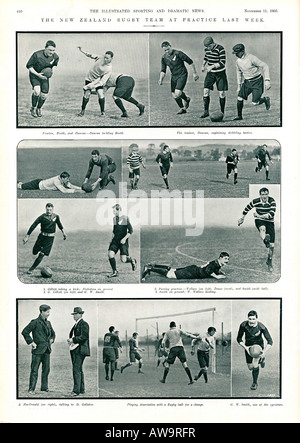 Die Zeitschrift All Blacks at Practice 1905 berichtet über das Original Neuseelands All Blacks Training auf ihrer ersten Rugby-Tour nach Großbritannien Stockfoto