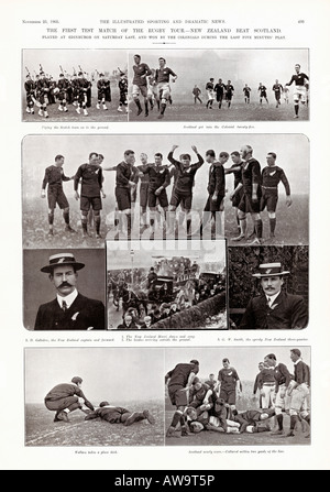 Scotland / New Zealand 1905 Zeitschriftenbericht über den Ursprünglichen "All Blacks Narrow Rugby Victory over Scotland" im November auf ihrer Tour durch Großbritannien Stockfoto