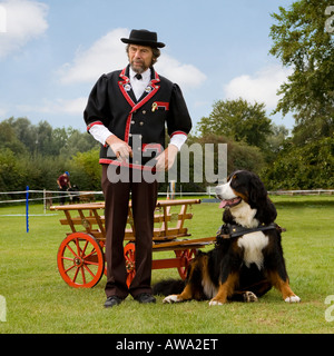 Berner Berghund mit Karren und Besitzer in Schweizer Tracht bei einer Hundeausstellung. Stockfoto